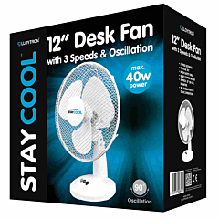 Lloytron F1011WH StayCool Oscillating 12inch Desk Fan in White