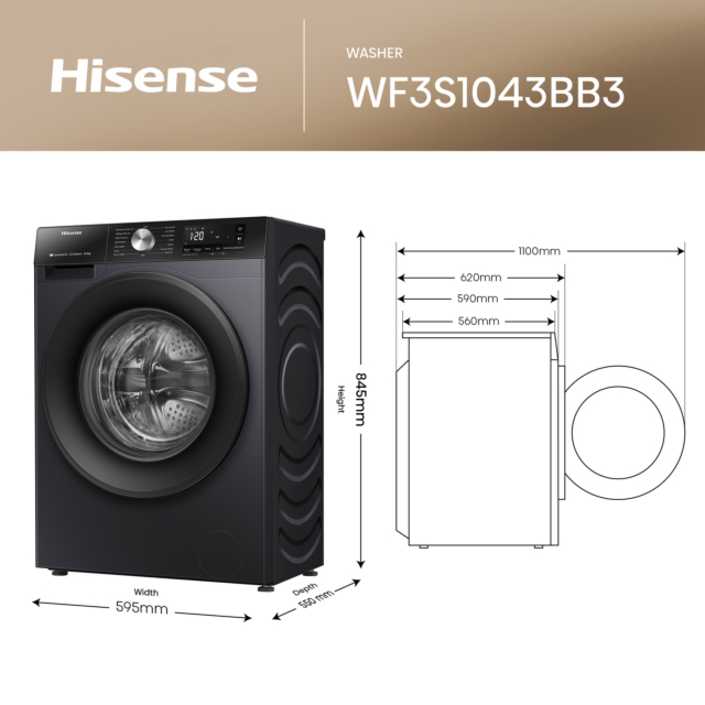 Hisense WF3S1043BB3 10.5kg 1400 Spin Steam Washing Machine - Black