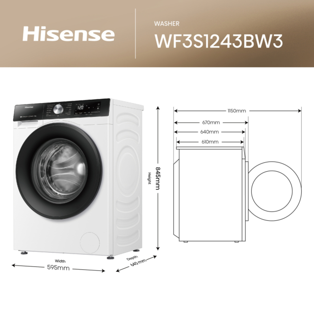 Hisense WF3S1243BW3 12kg 1400 Spin, Steam Washing Machine - White