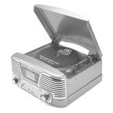 GPO MEMPHISSIL 4-in-1 Retro Music System with Turntable CD USB/SD and FM Radio in Silver